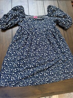 Francesca’s Navy Floral Square-Neck Puff Sleeve Babydoll Dress